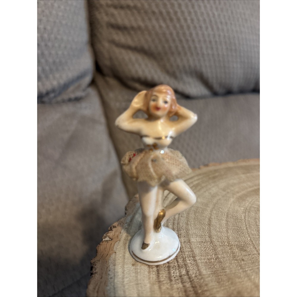 Vintage 3" Porcelain Dresden Pink Lace Tutu Ballerina Miniature